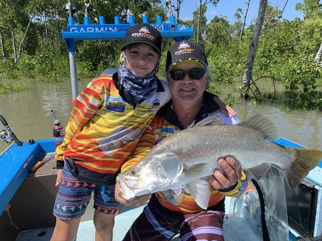 Fishing with kids to catch a big barra.